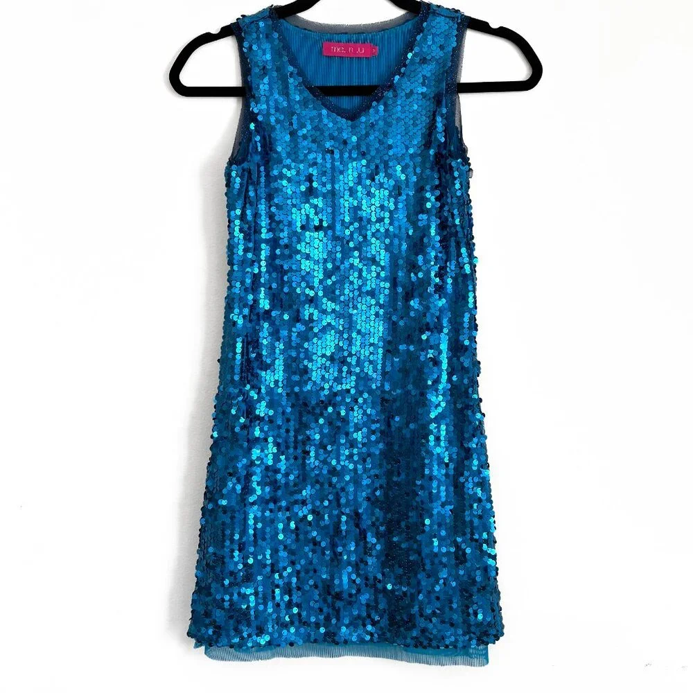 Girls Blue Sequin Party Dress by ME.N U  Size Med.  EXCELLENT CONDITION